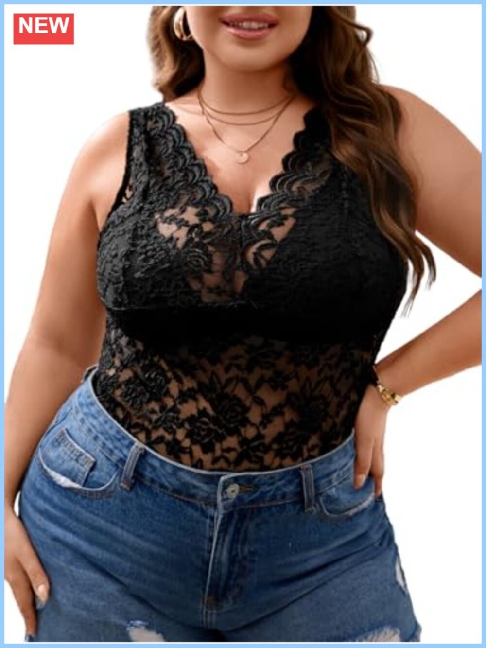 Plus Size Sheer Floral Lace V-Neck Scalloped Tank Top